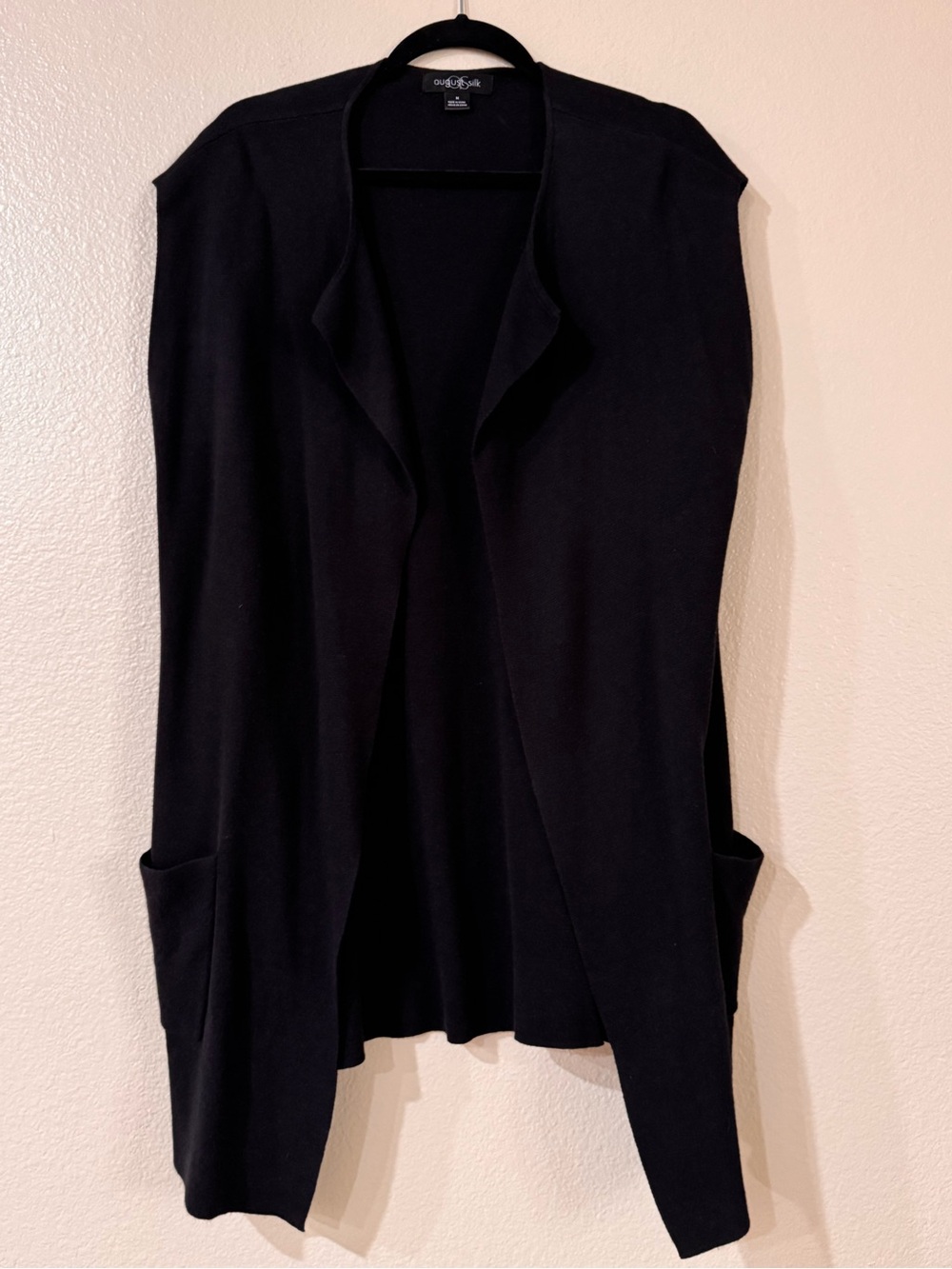 August Silk Cotton Viscose Open Front Duster Cardigan Vest Pockets Black M
